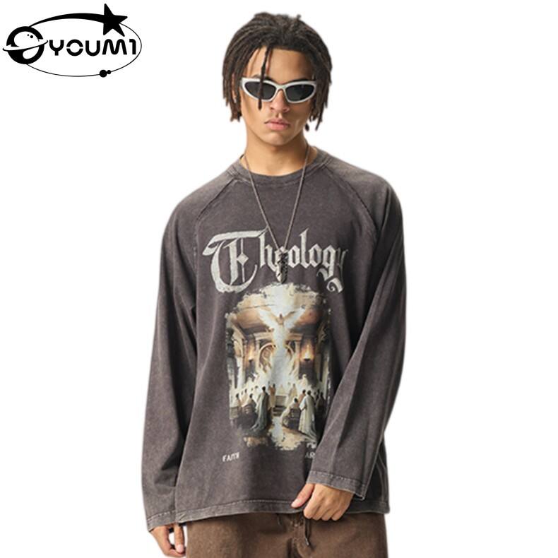 YOUMI 270G Vintage Acid Wash Duge rukave T-shirt Retro Graphic Oversized Streetwear