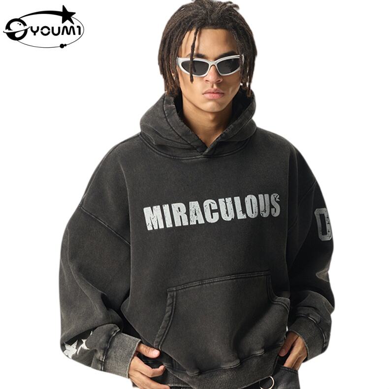 Youmi Boxy Teška vintage kiselina pranje kapuljača Pismo u nevolji štampaju oversized streetwear
