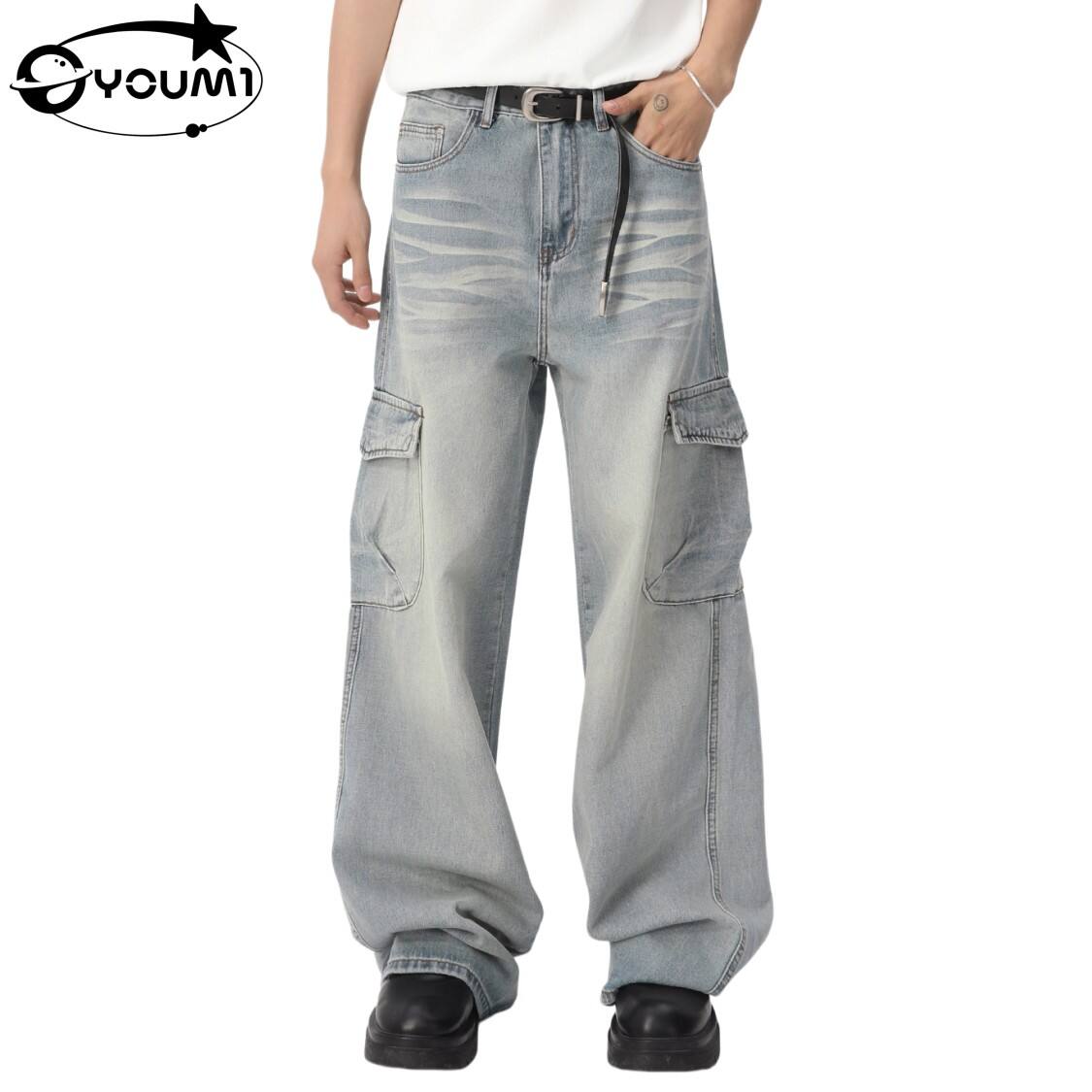 YOUMI Muški Vintage Pranjač za pranjač Širokog nogu Jeans Svjetlo plava Streetwear Denim hlače