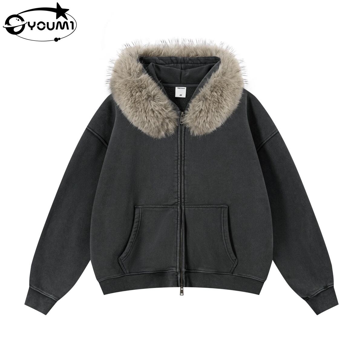 Youmi Boxy Solid Francuski Terry Dvostruki zip Topla Vintage Jesen Streetwear Moda Sweatshirt