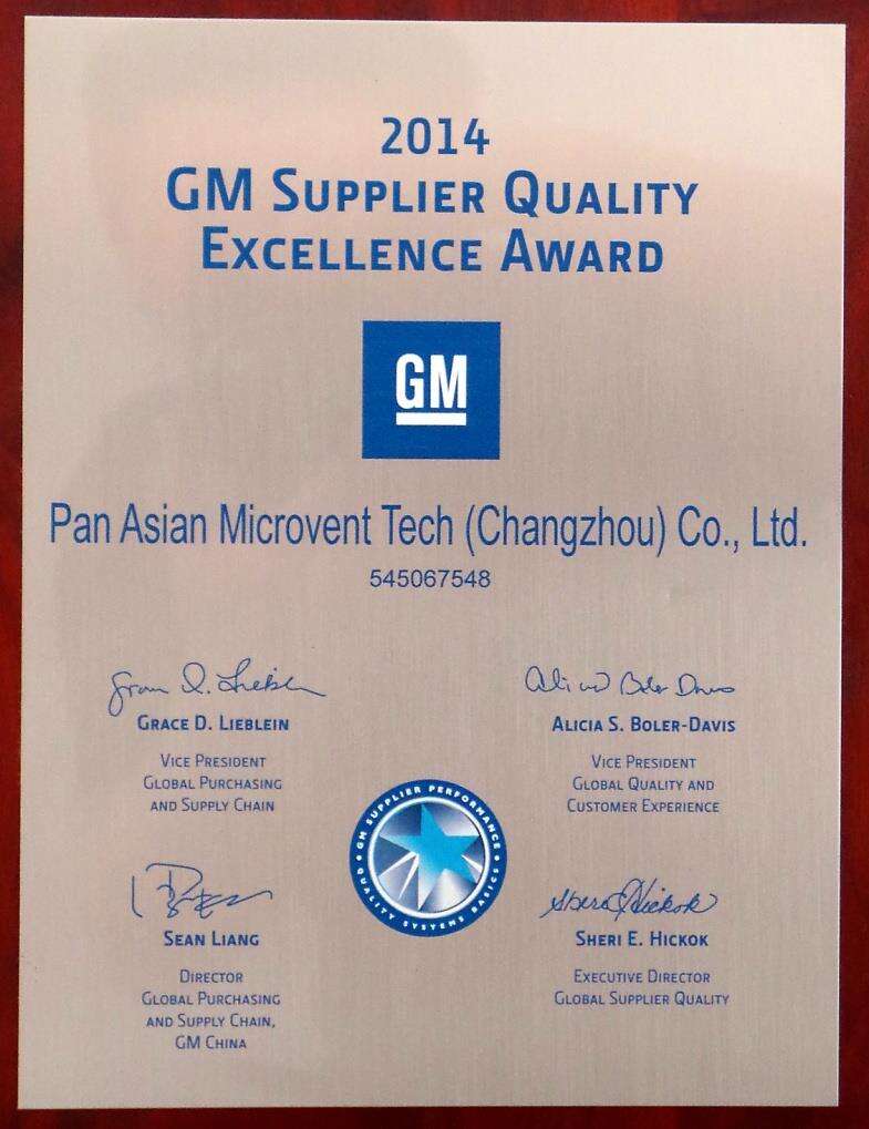 Pan Asian MicroVent wins 2014 GM Supplier Quality Excellence Award