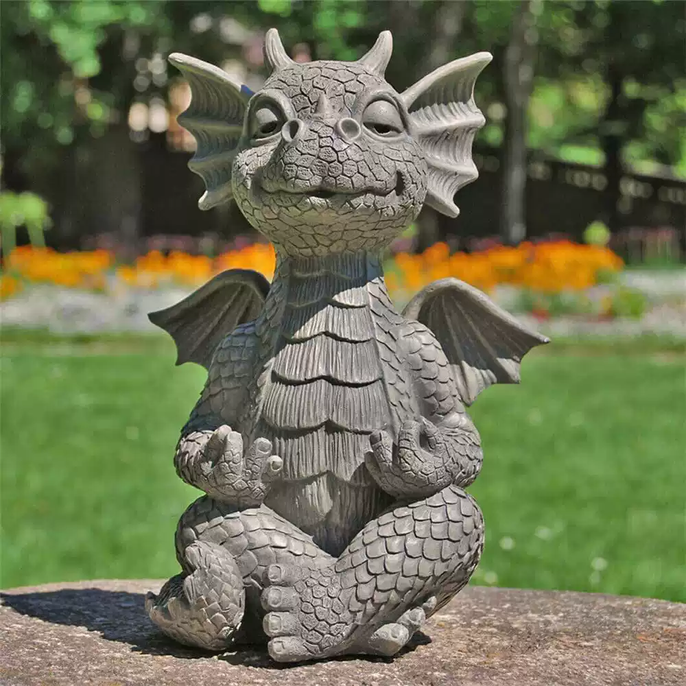 Dragon in sitting meditation pose, dragon with hands folded in front of the chest, dragon with hands raised high.