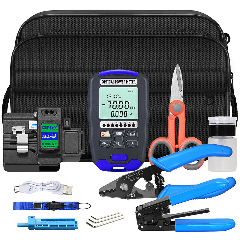 Perangkat Alat Serat Optik COMPTYCO FTTH dengan Pengukur Daya Optik AUA-DC70 dan VFL Terintegrasi, Pemotong dan Pengupas Serat AUA-X5