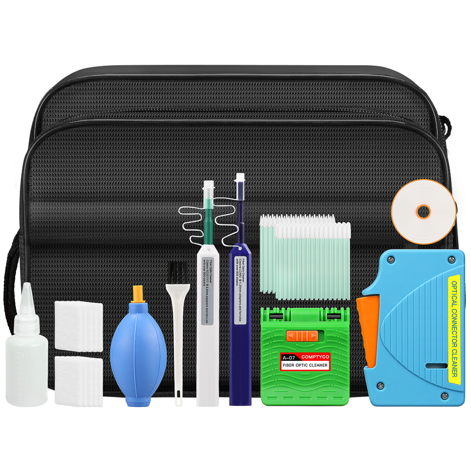 Juego de herramientas de fibra óptica COMPTYCO de 12 piezas, bolígrafo/caja limpiador de fibra óptica de un solo botón para conectores de 1,25/2,5 mm (SC, FC, ST y LC), clip limpiador de fibra óptica A-07, juego de herramientas limpiadoras de fibra óptica