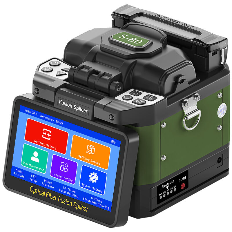 جهاز لصق الألياف الضوئية بالانصهار من شركة COMPTYCO موديل S-80 بشاشة لمسية، وجهاز لصق ألياف ضوئية بالانصهار مزوَّد بستة محركات، سعة البطارية 6700 مللي أمبير/ساعة، ومُكوَّن كامل جاهز للاستخدام.