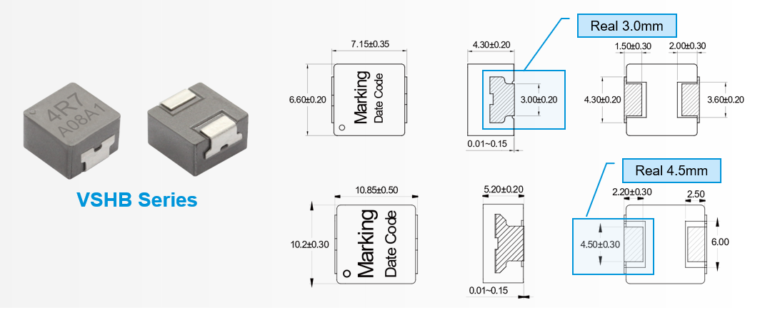 Molding Power Chokes VSHB Series Appearance and Terminal Size