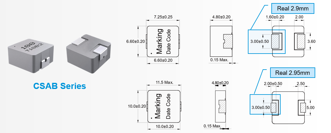 Molding Power Choke CSAB Series Appearance and Terminal Size