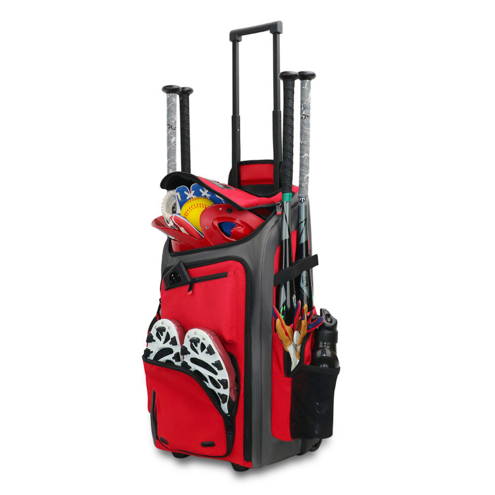 KOP Custom Wholesale Heavy Duty Charcoal Red Softball Baseball Rolling Bag with Wheels for Man and Women
