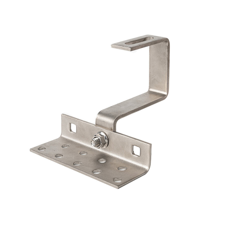 Solar tile roof hook stainless steel bottom mount bracket closeup showing adjustable slots and wide base plate