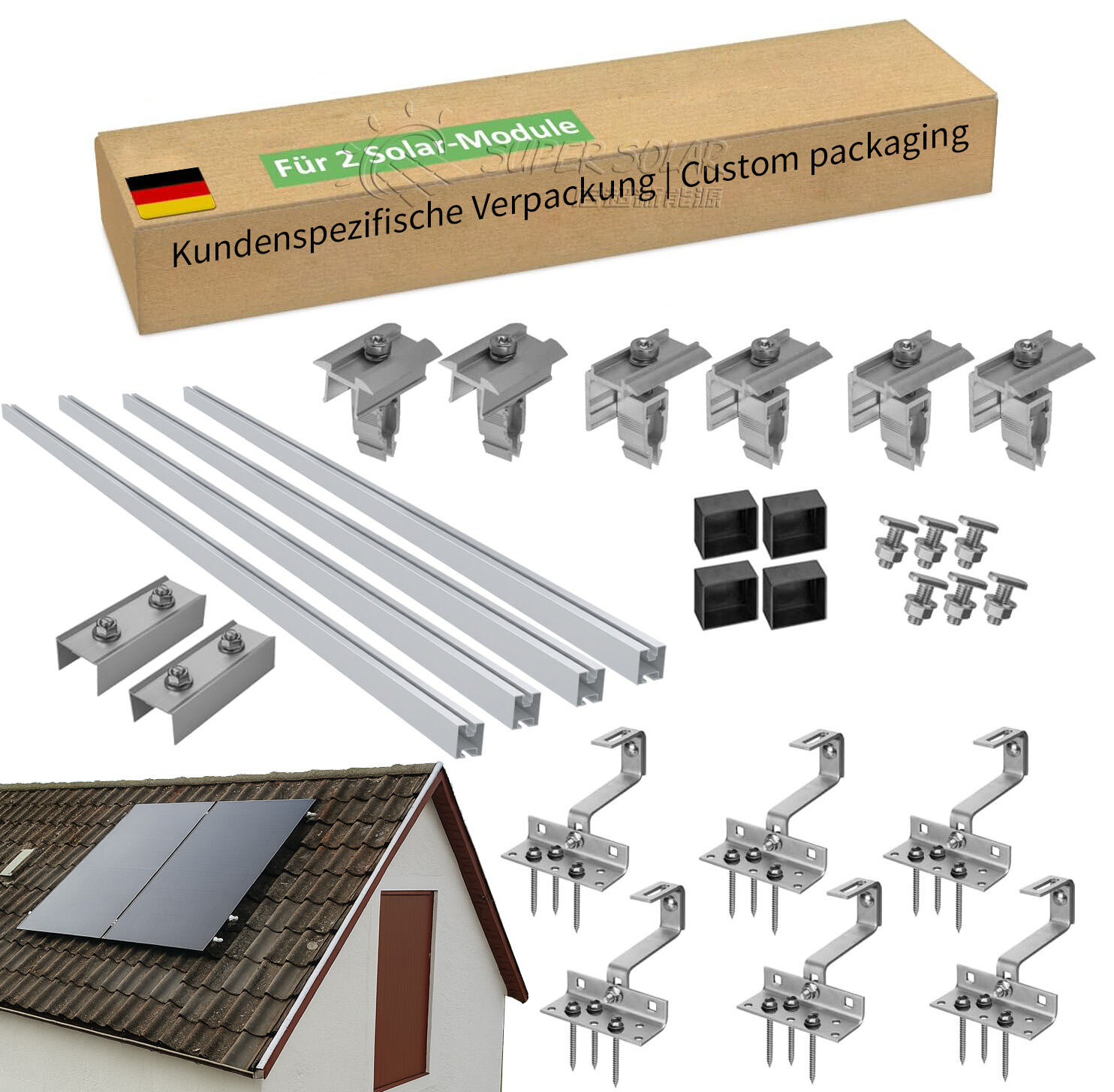 Two-Piece Solar Tile Roof Hook Kit | SUS304 Stainless Steel PV Mounting ...