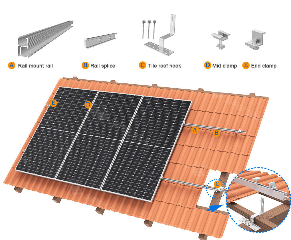 Solar Spanish tile roof mounting system diagram showing all components: rail, splice, tile roof hook, mid clamp, and end clamp installed on a residential tile roof