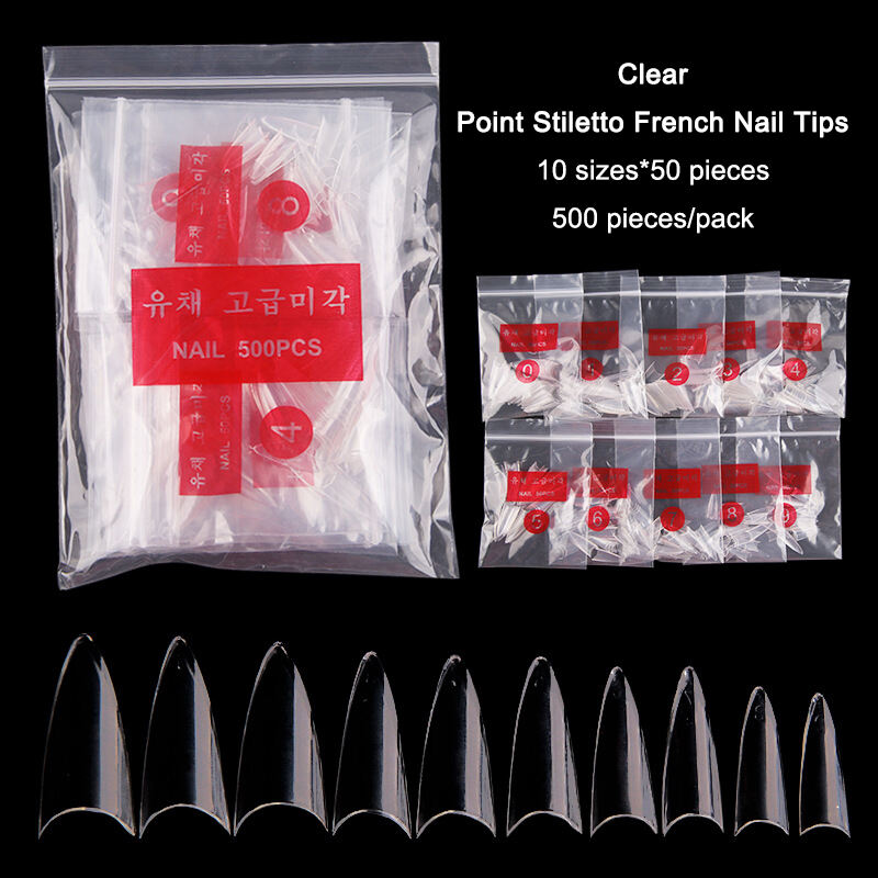 500pcs per bag Tips Clear Transparent Natural Ehite Point Stiletto French Nail Tips #FN-15