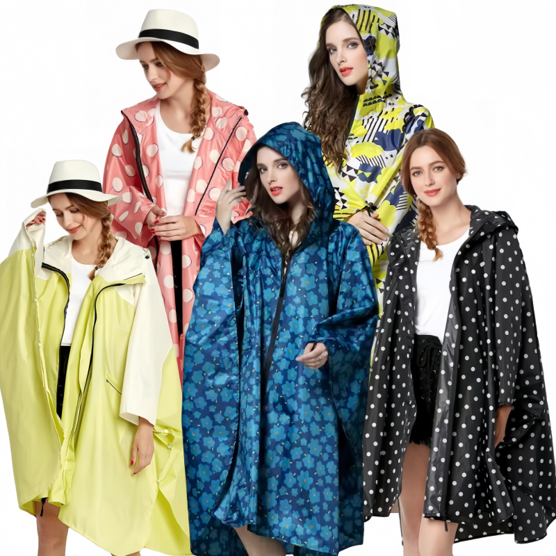 Custom Fashion Printed Oversize Raincoats Thickened Waterproof Polyester Loose Hooded Women Rain Poncho with Pocket & Storage Bag