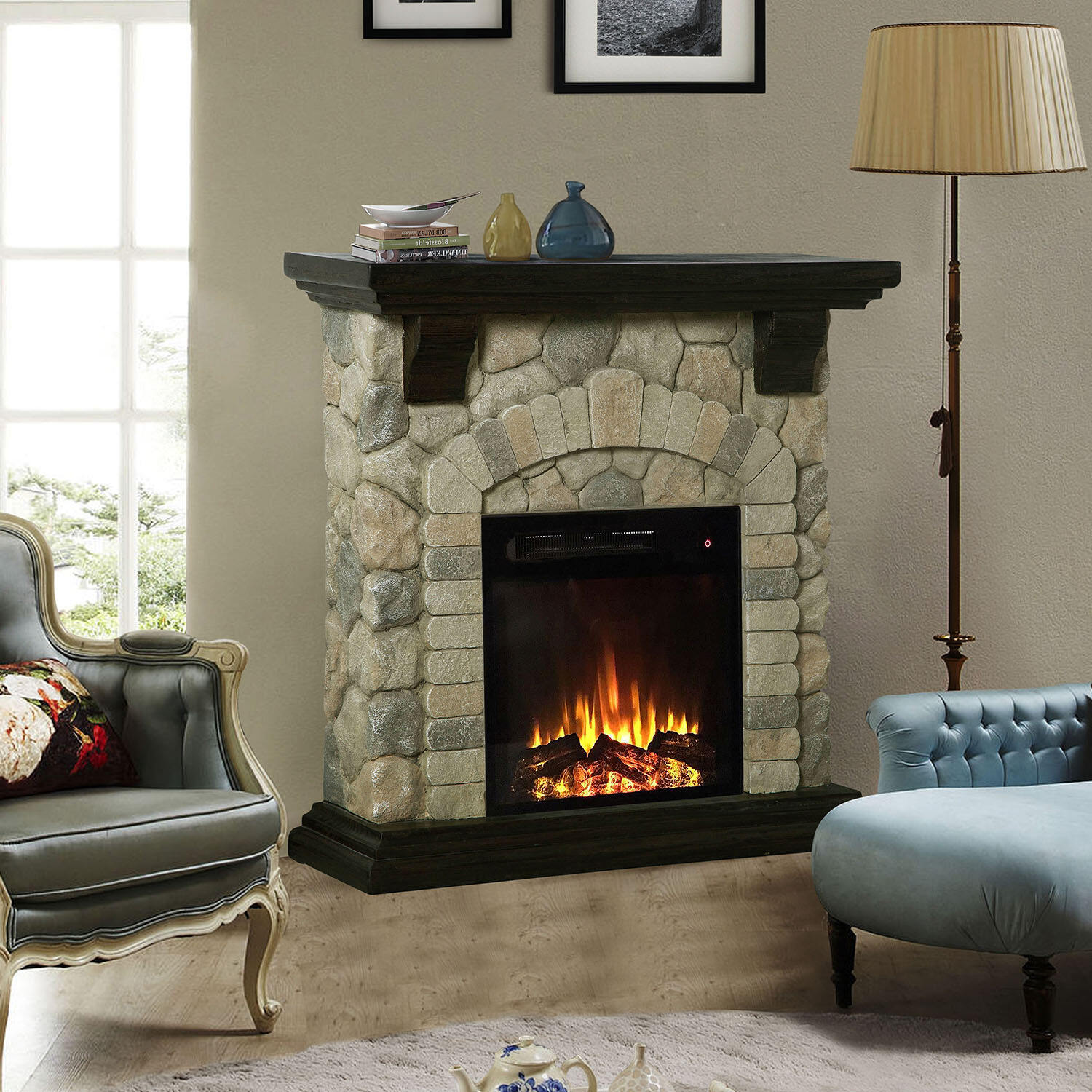 K209075 TAN Electric fireplace with Mgo mantel and remote contorl Adjustable temperature