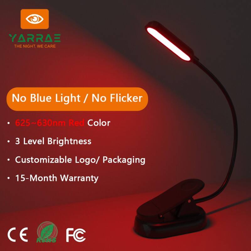 No Blue Light 1.5W 120lm Led Book Light 625~630 nm 660/670 nm Red Color 3 Level Brightest Reading Light Black Body