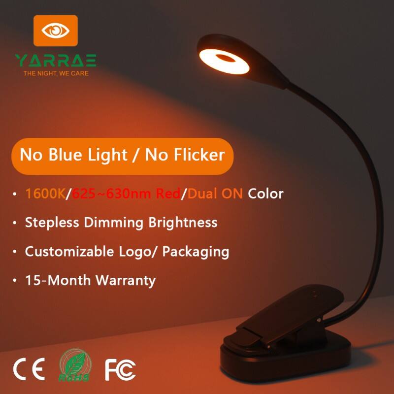 2.5W 200lm 625~630 nm Red & 1600K Amber Color Black Body Portable Clip On Led Book Light