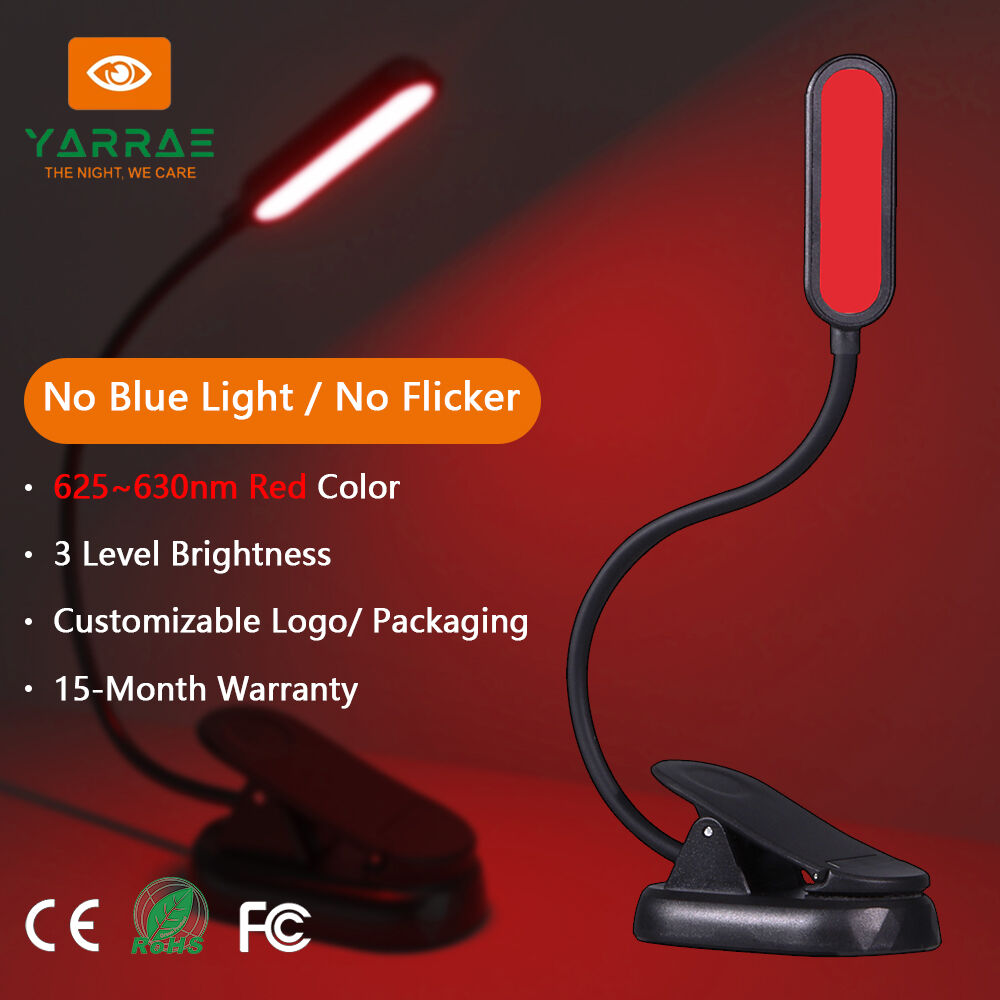 No Blue Light 1.5W 120lm Led Book Light 625~630 nm 660/670 nm Red Color 3 Level Brightest Reading Light Black Body