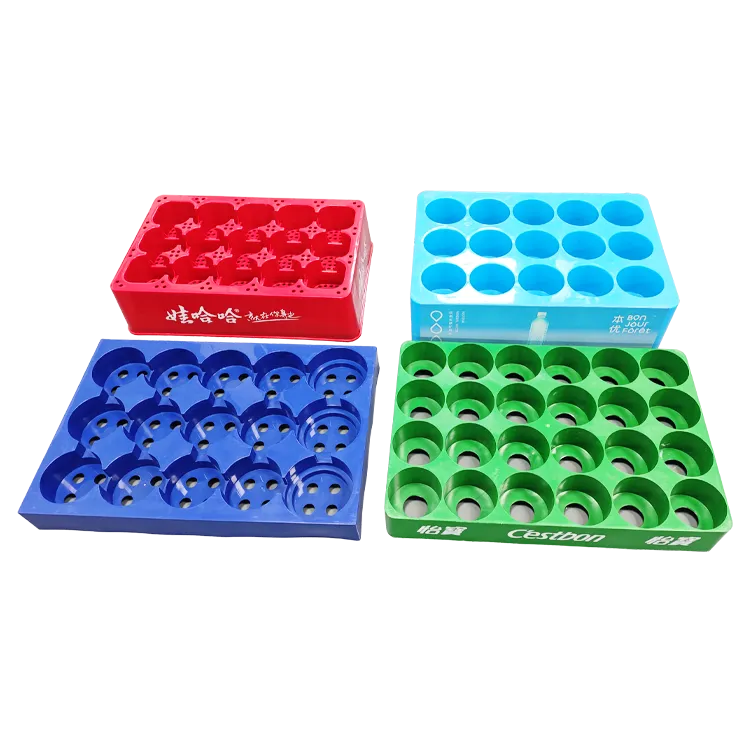 Modular FMCG display system with multiple beverage boxes securely positioned in trays.webp