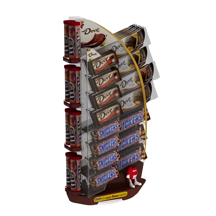 Sailboat-inspired transparent plastic injection molded POP display rack for chocolate retail.webp