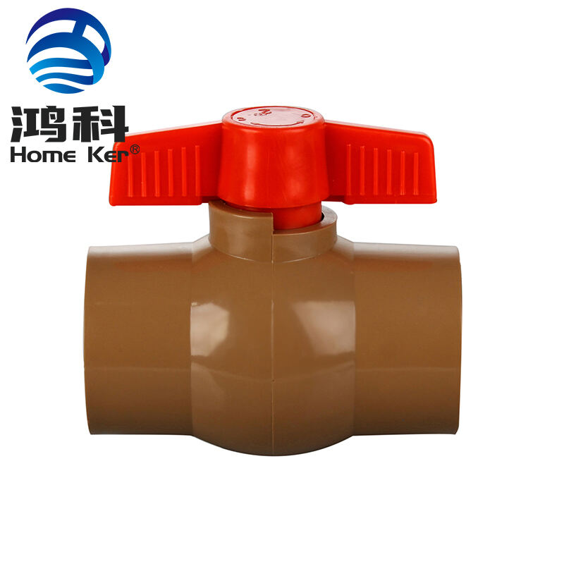 Durable Brown PVC Ball Valve with Bright Red Handle – Ideal for Versatile Plumbing and Irrigation Systems