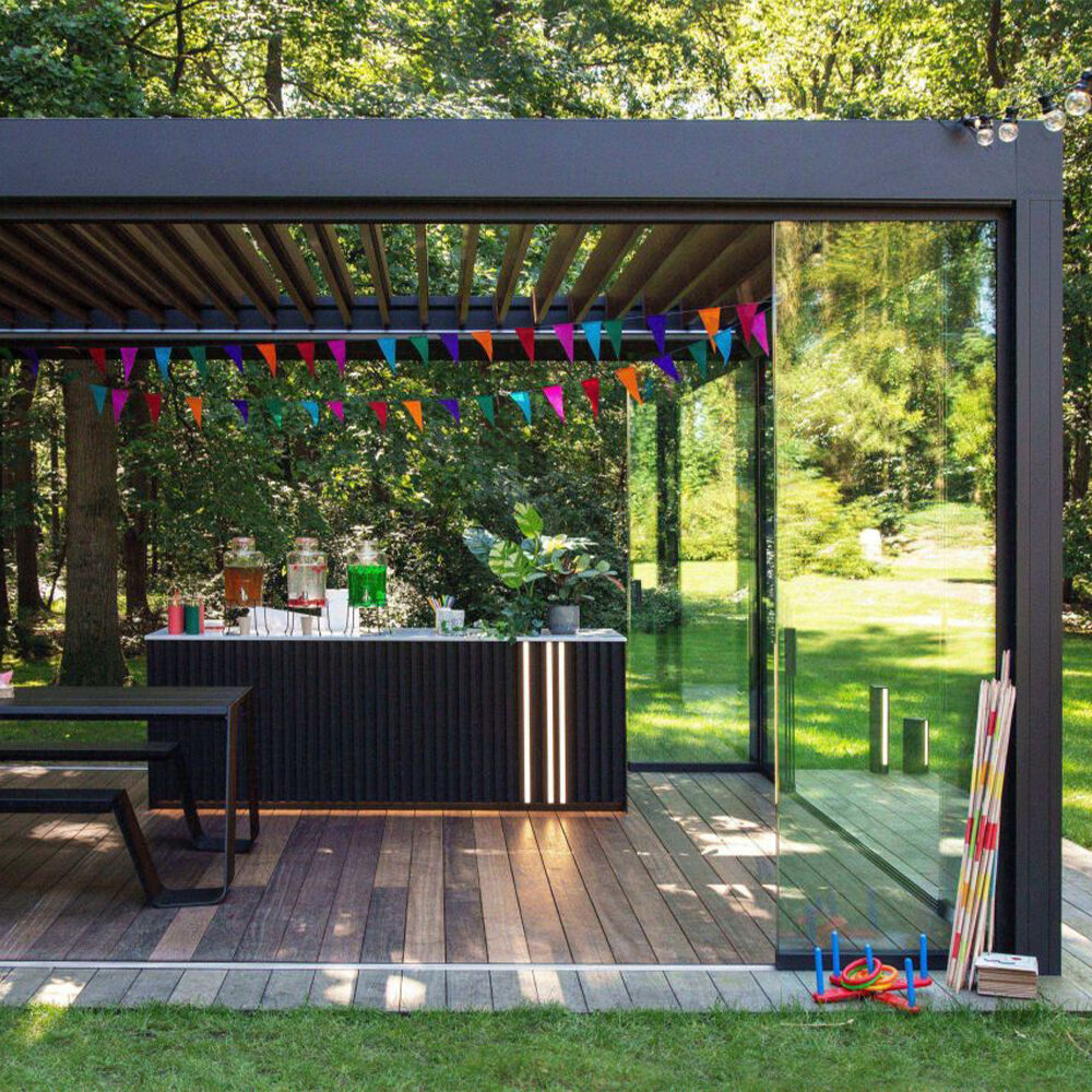 Wall Installation Outdoor Sunroom Aluminum Louvered Roof Luxury Pergola with Glass Door Efficient Drainage Modern Design for Garden