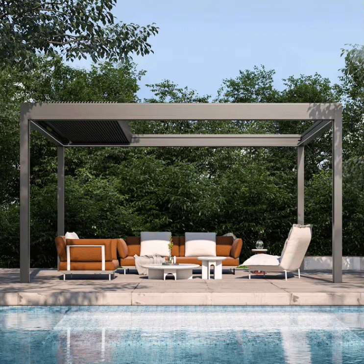 Luxury Bioclimatic Retractable Waterproof Pergola Glass Doors Louvre System Sunshade Curtain LED Lights Powder Coated Easily Assembled