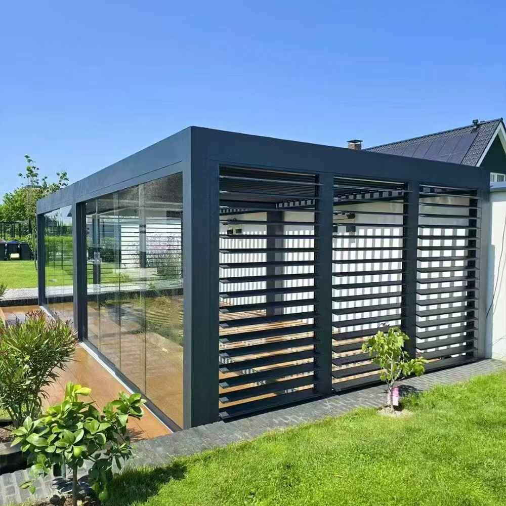 Aluminum Luxury Pergola with Motorized Roof and Sun Shade for Patio Garden Deck with Shutters and Roller Blinds