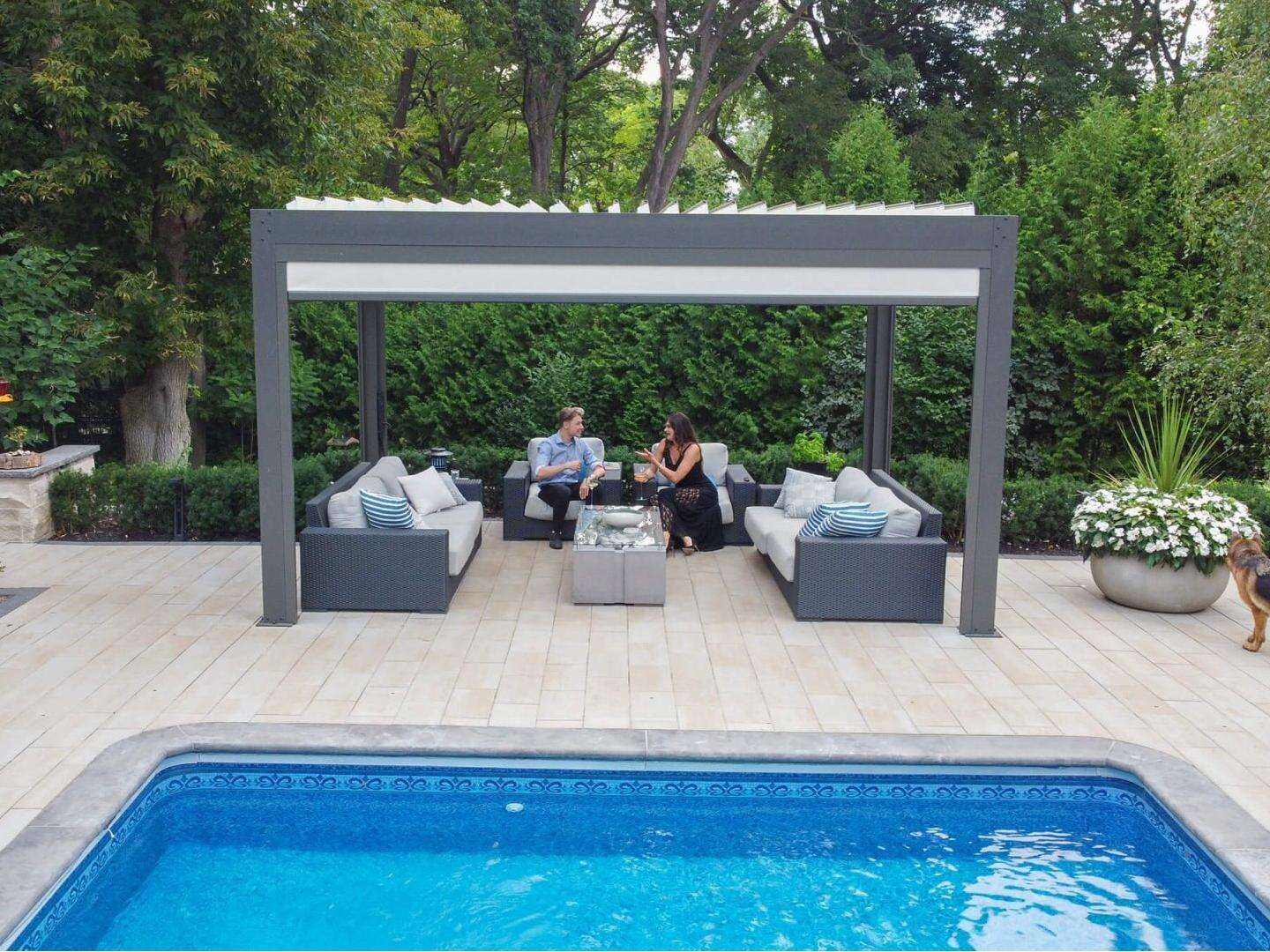 Luxury Bioclimatic Retractable Waterproof Pergola Glass Doors Louvre System Sunshade Curtain LED Lights Powder Coated Easily Assembled
