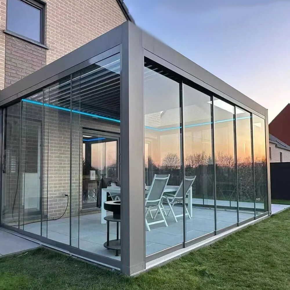 Aluminum Pergola Remote Control for Backyards Customized Sunshade Frameless Sliding Glass-Door Gardening Nature Outdoor