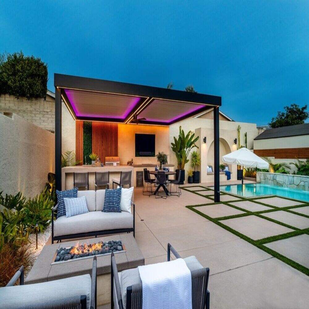 Bioclimatic Pergola Adjustable Louvers Automatic Remote Control Easy-to-Assemble Garden Gazebo Balcony Pavilion with LED Light