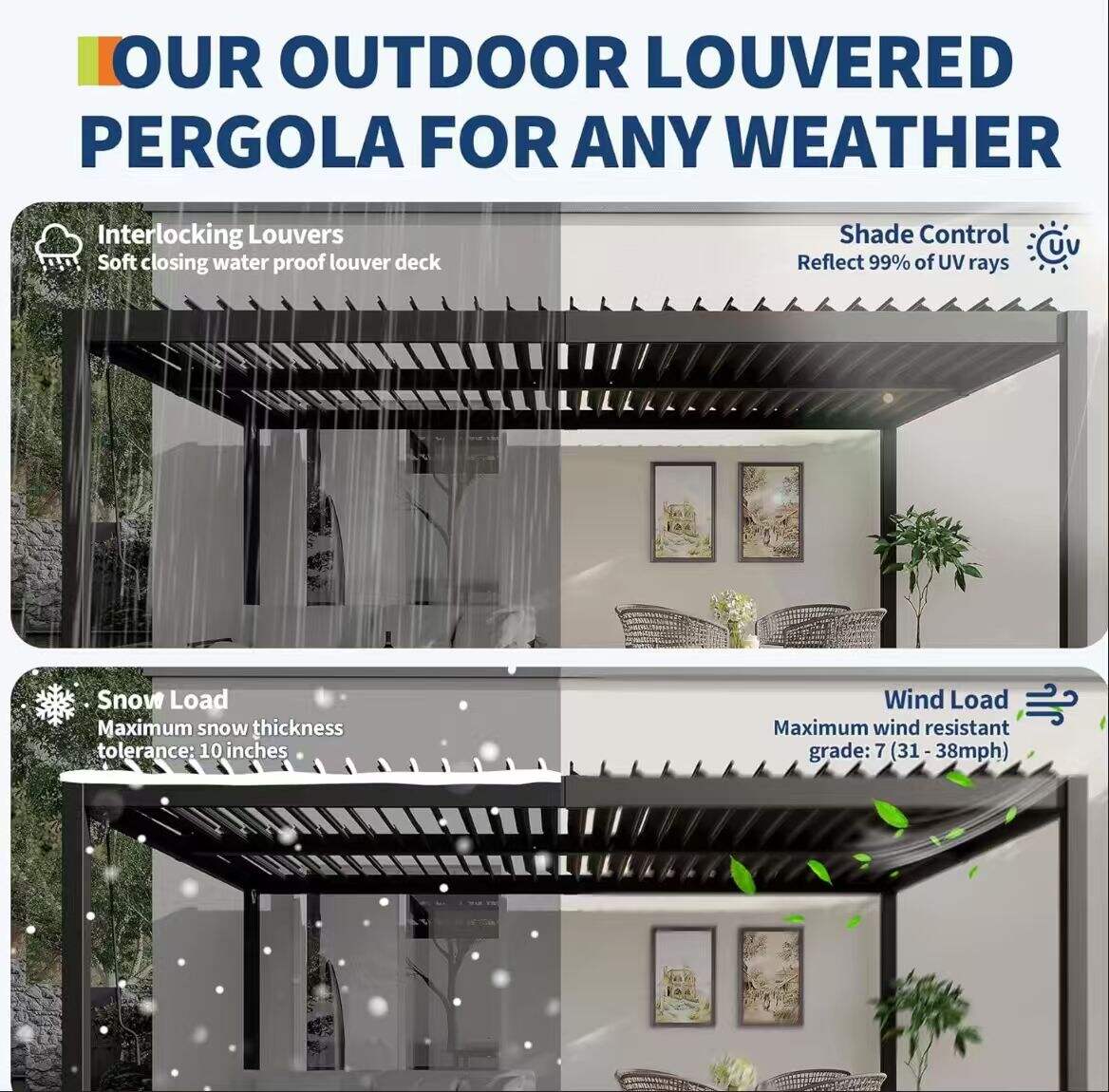 Outdoor Manual 3*3 Light Flip Roof Fast Shipping Easy Install Garden Bioclimatic Aluminum Waterproof Louvered Pergola