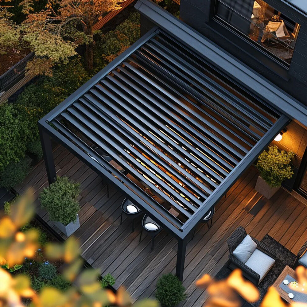 Pérgola de patio moderna de alta calidade en aluminio, resistente a auga e raios UV, con marco duradeiro de aleación T5 e control remoto