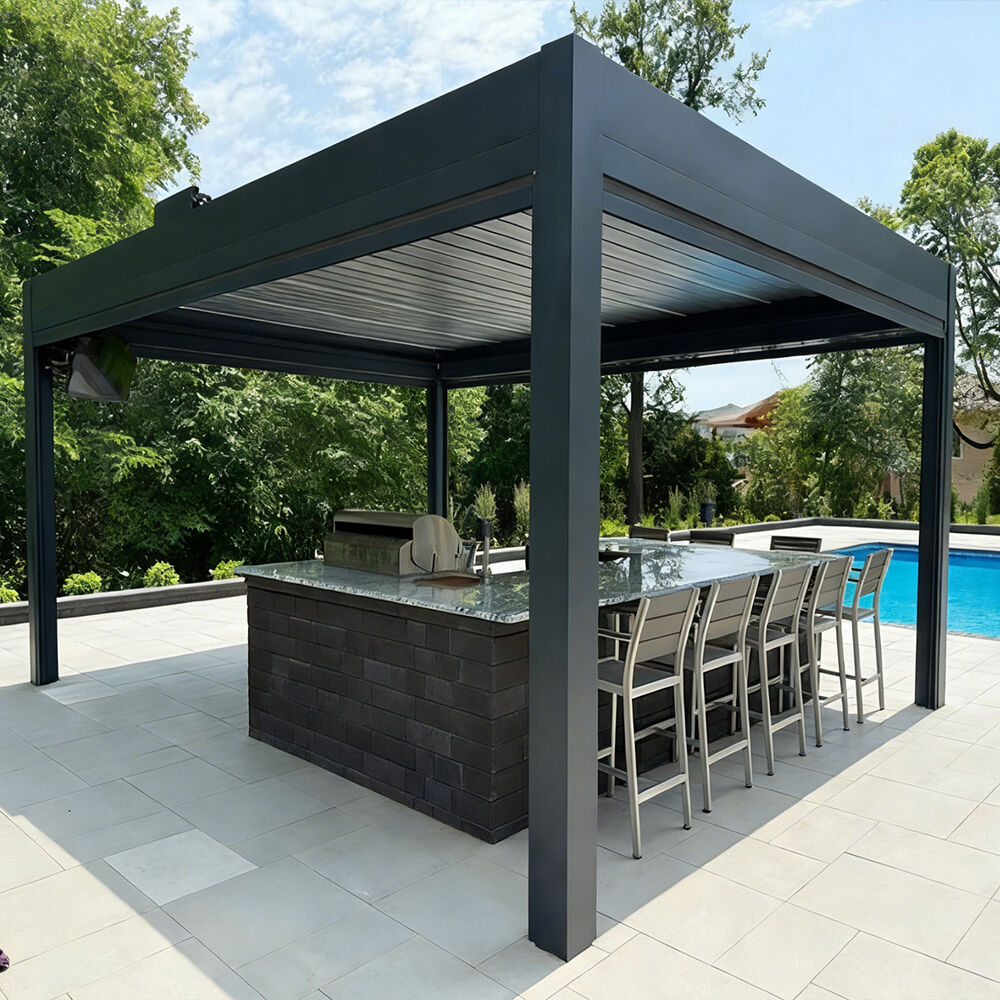 Heavy-duty Waterproof Windproof Aluminum Louver Roof Shutter Pergola Weather Sensor Powered Pergola Gazebo Pavilion