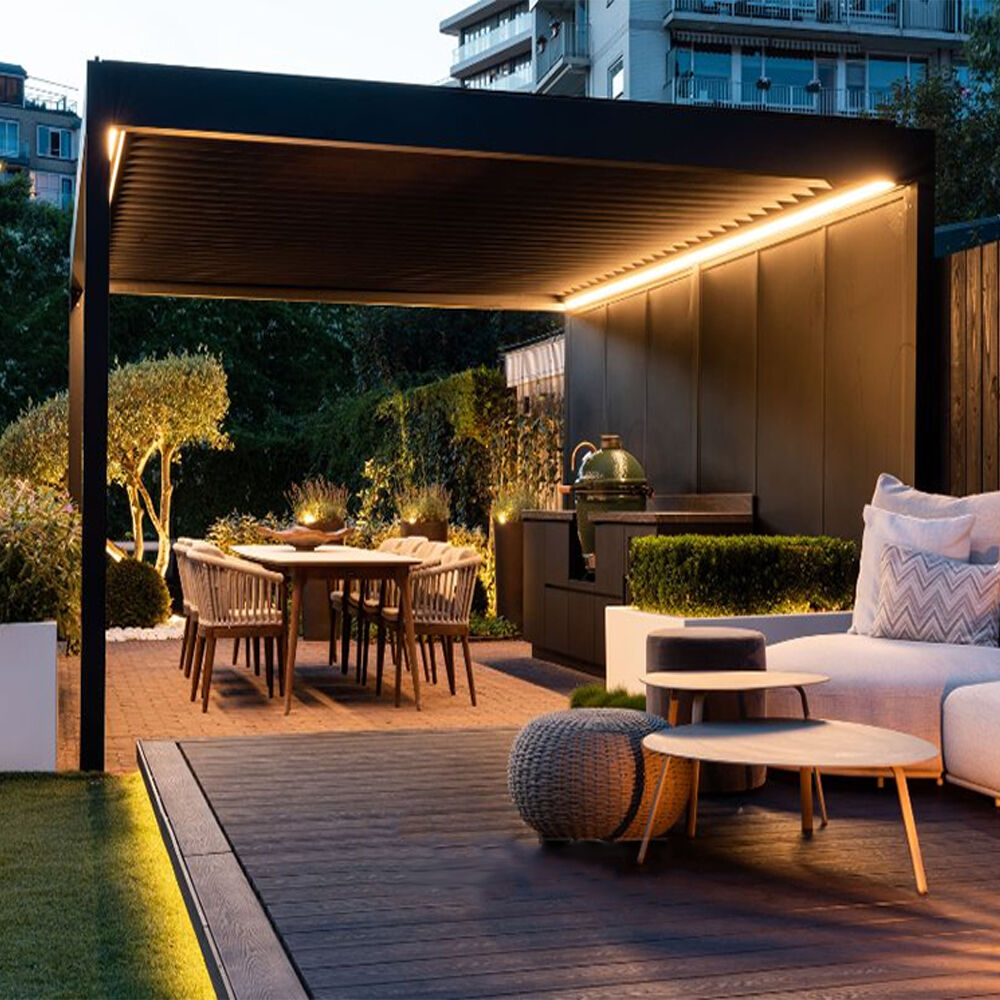 Pérgola bioclimática con lamas axustables, control automático por mando a distancia, fácil de montar, gazebo de xardín, balcón ou pavillón con luz LED