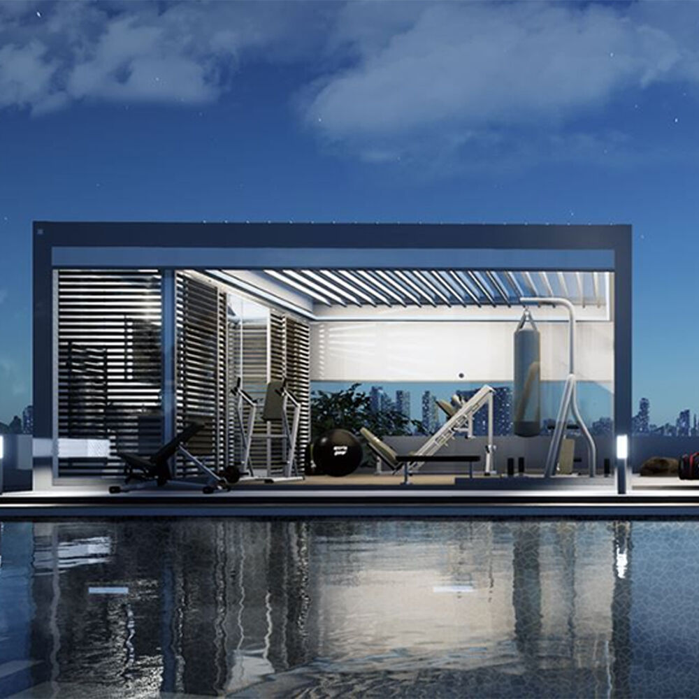 Pérgola de luxo en aluminio cun teito motorizado e toldo solar para patio, xardín ou cuberta con persianas e cortinas enrollables