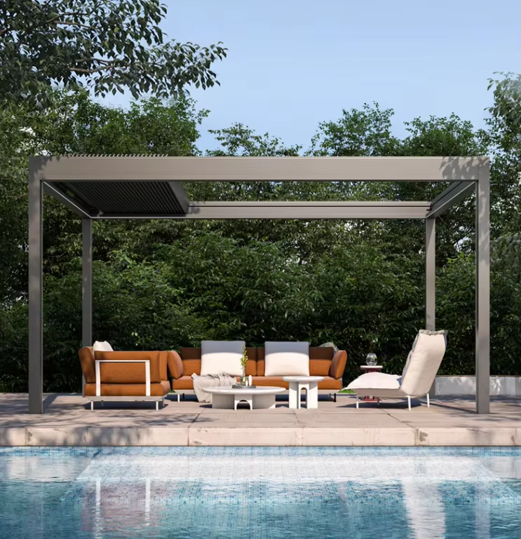 Bioclimatic Retractable Pergola Waterproof Glass Doors Louvre System Sunshade Curtain LED Lights Powder Coated Easily Assembled