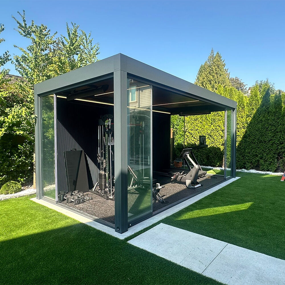 Wall Installation Outdoor Sunroom Aluminum Louvered Roof Luxury Pergola with Glass Door Efficient Drainage Modern Design for Garden