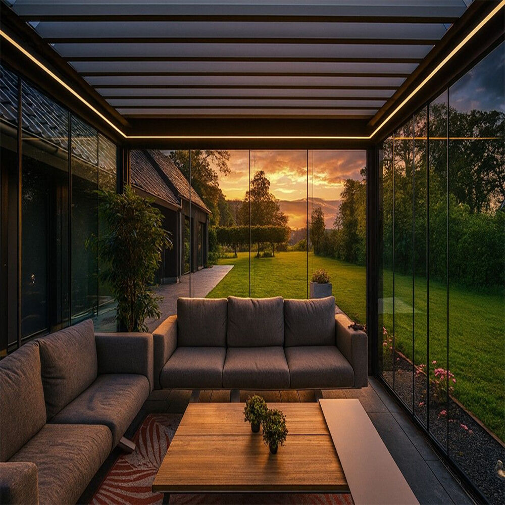 Wall Installation Outdoor Sunroom Aluminum Louvered Roof Luxury Pergola with Glass Door Efficient Drainage Modern Design for Garden