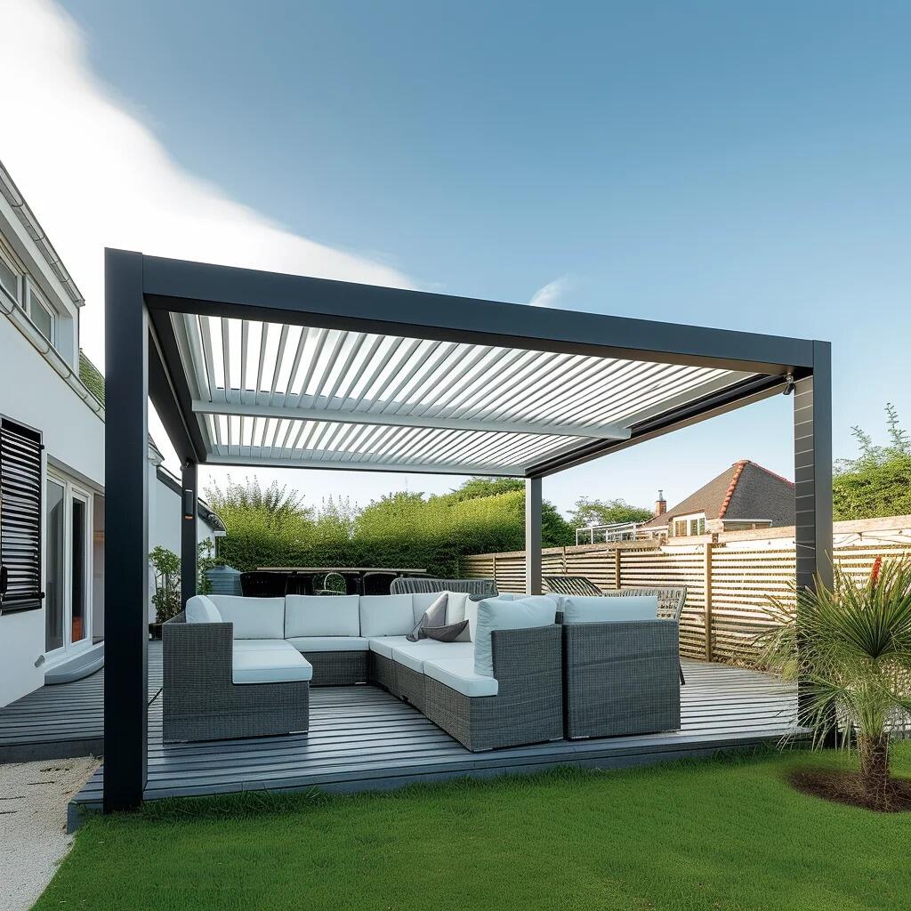 Luxury Bioclimatic Glass Pergola Greenhouse Powder Coated Frame LED Accessory Optional Screen for Backyard Gardening Gazebo Style