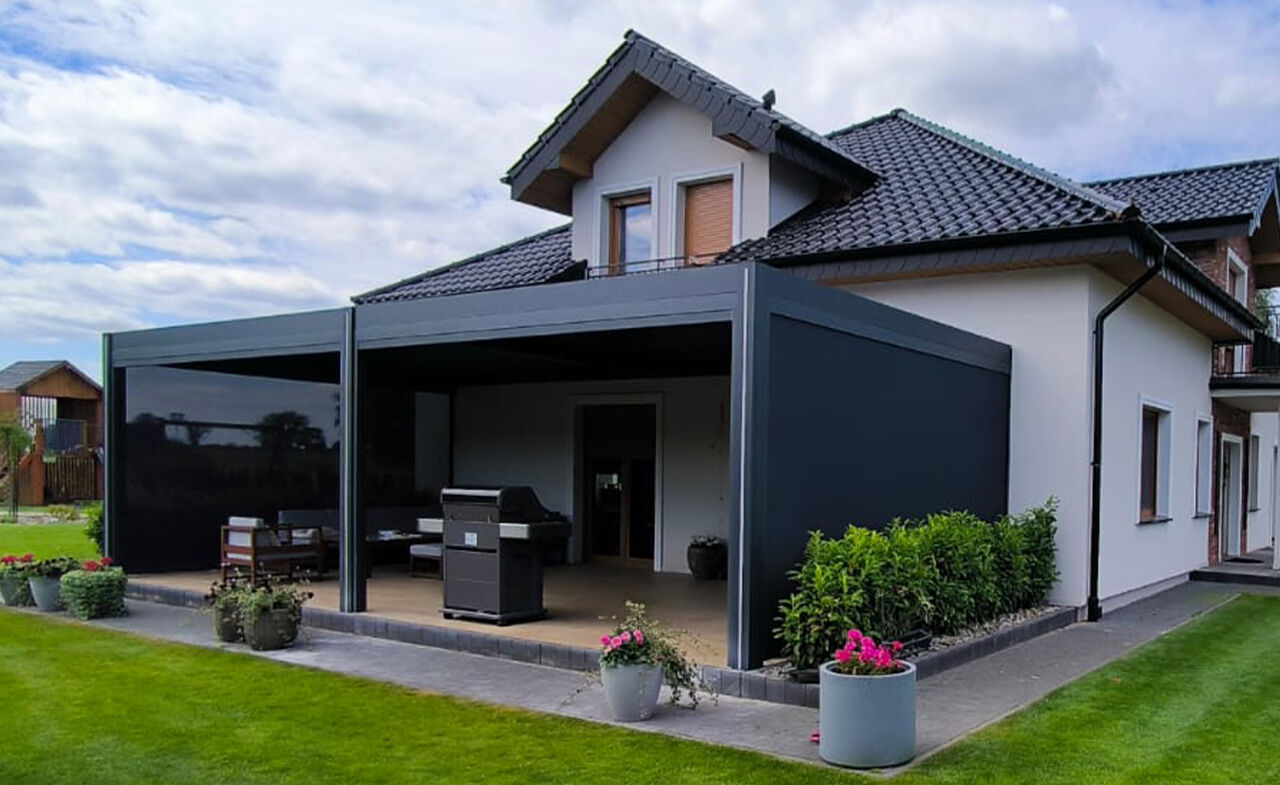 Wall Mounted Pergola Expands Front Terrace With Electric Windproof Screens