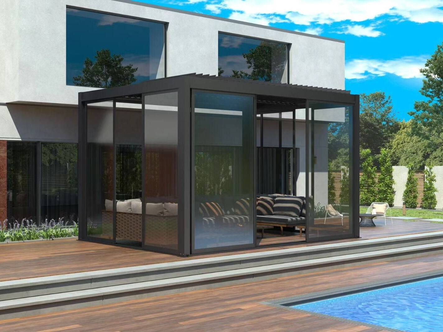 Aluminum Pergola Frame Glass Doors with Sliding Rails