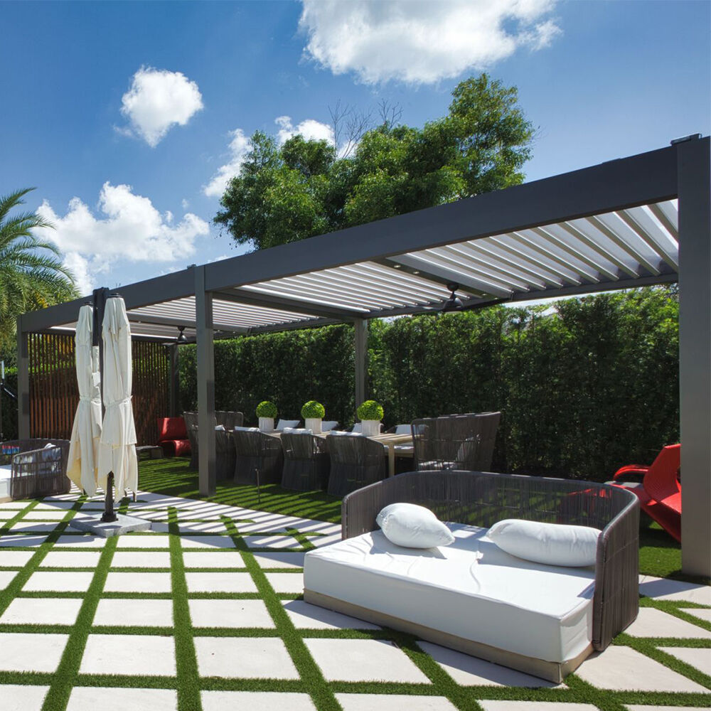 Wall Installation Outdoor Sunroom Aluminum Louvered Roof Luxury Pergola with Glass Door Efficient Drainage Modern Design for Garden