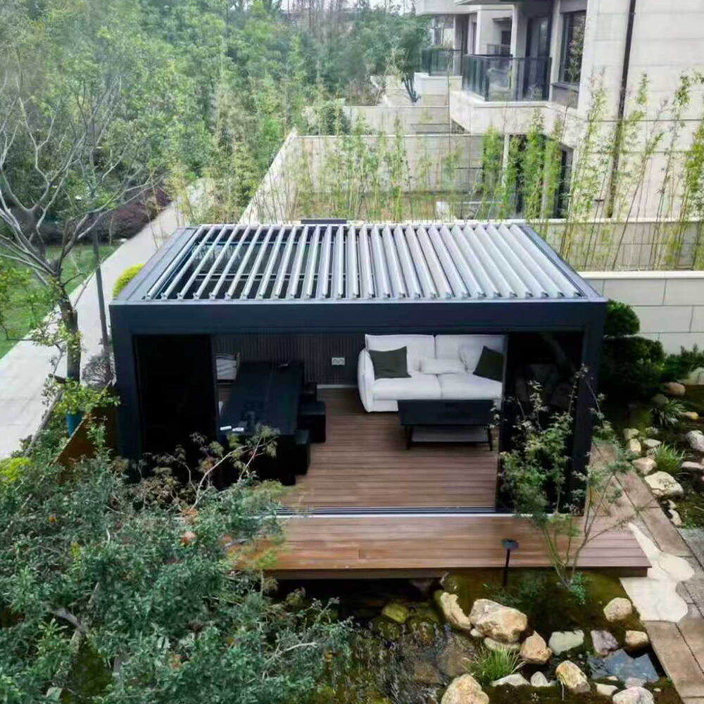 Aluminum Motorized Louver Gazebo Heavy Duty Pergola Alloy Flipped Blades Roof for Backyard Gardening with Electric Screen
