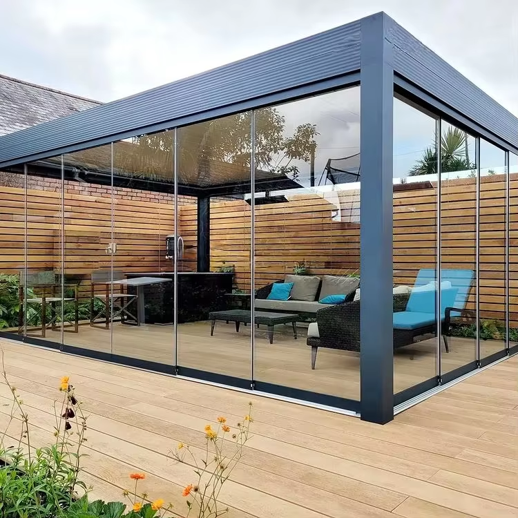 Bioclimatic Pergola Frameless Glass Doors with Aluminum sliding rails