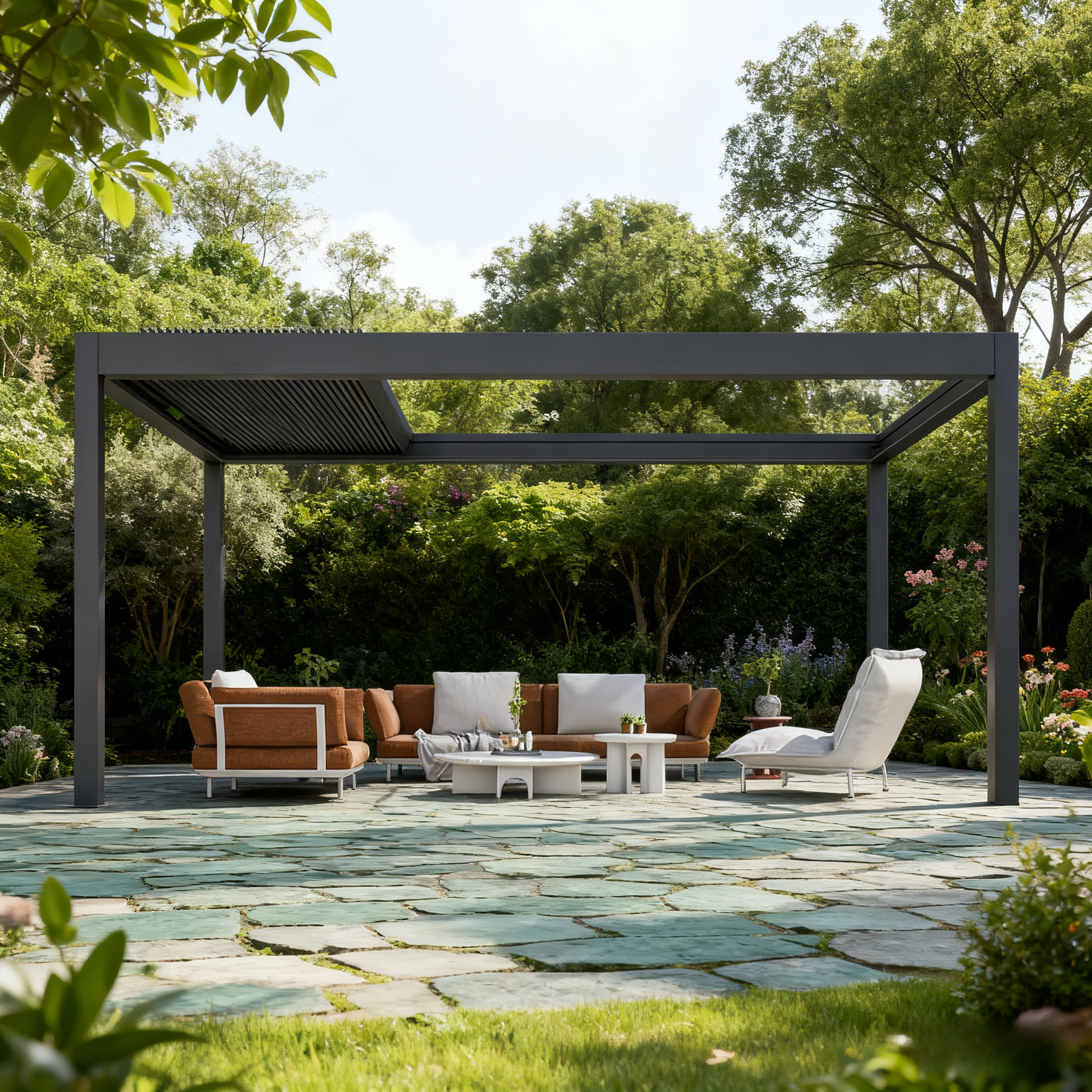 Pérgola exterior autoportante retráctil con lamas axustables e toldo impermeable para o sol