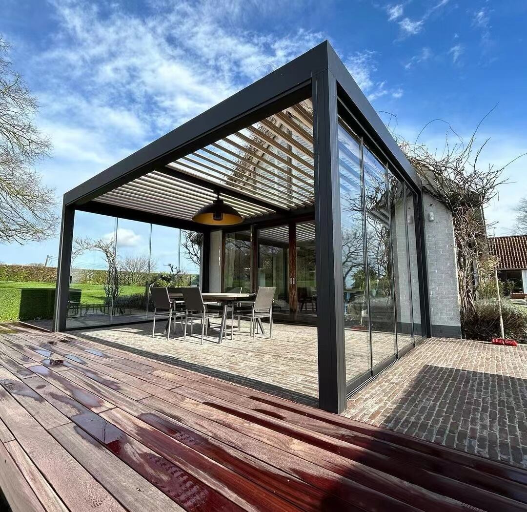 Wall Installation Outdoor Sunroom Aluminum Louvered Roof Luxury Pergola with Glass Door Efficient Drainage Modern Design for Garden