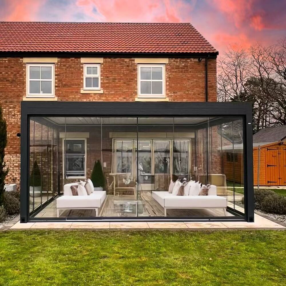 Aluminum Pergola Remote Control for Backyards Customized Sunshade Frameless Sliding Glass-Door Gardening Nature Outdoor