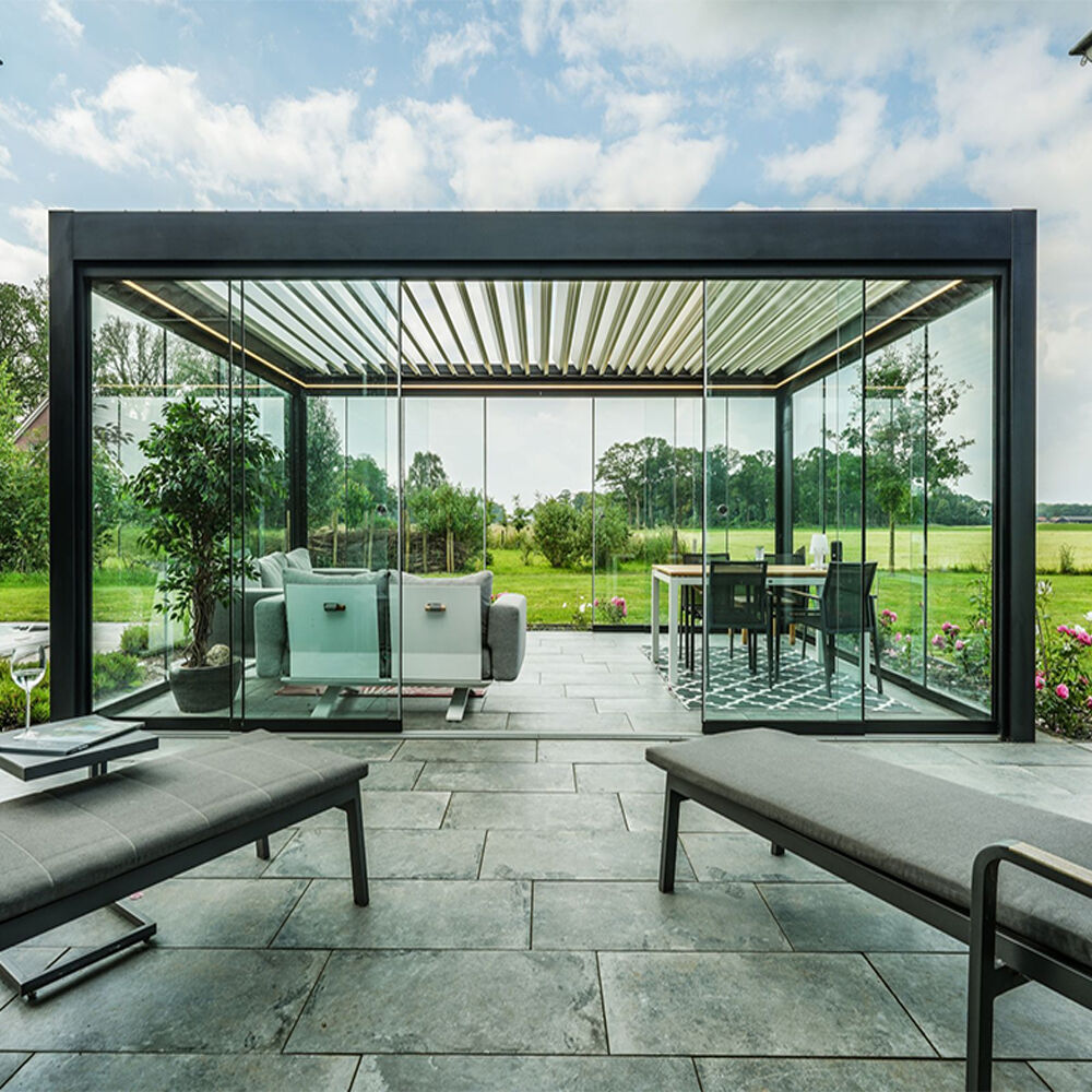 Luxury Bioclimatic Glass Pergola Greenhouse Powder Coated Frame LED Accessory Optional Screen for Backyard Gardening Gazebo Style