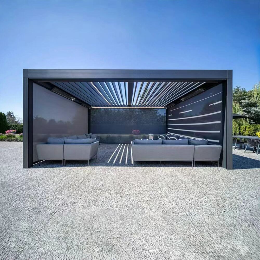 Motorized Roof Eco Pergola Free Standing Aluminum Design with Rolling Curtains Motorized Zip Screens for Outdoor Garden