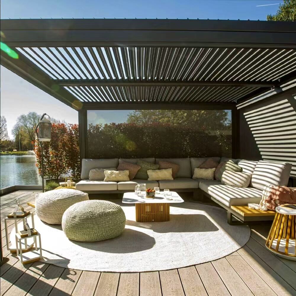 Motorized Roof Eco Pergola Free Standing Aluminum Design with Rolling Curtains Motorized Zip Screens for Outdoor Garden